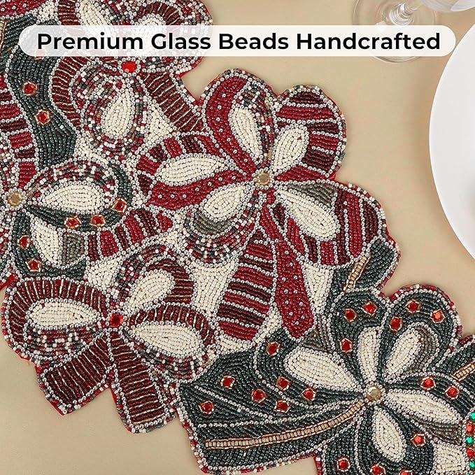 Christmas Beaded Table Runner 13x36 - Handcrafted Beaded Table Ruuners, Perfect for Weddings, Festive Celebrations, Dining Tables, Home Décor, and Everyday Use (Red White) - CLEENTABLE