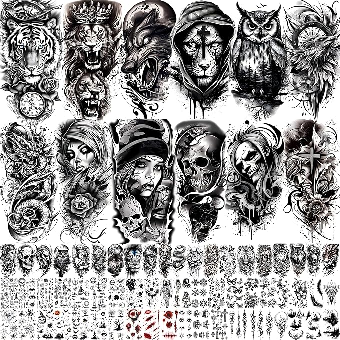 72 Sheets Halloween Temporary Tattoos for Men Women Adults - Black 3D Realistic Scary Animals Skulls Scars, Fake Tattoos Set for Cosplay Arm Sleeve Neck, Waterproof Long-Lasting Body Tattoo Sticker