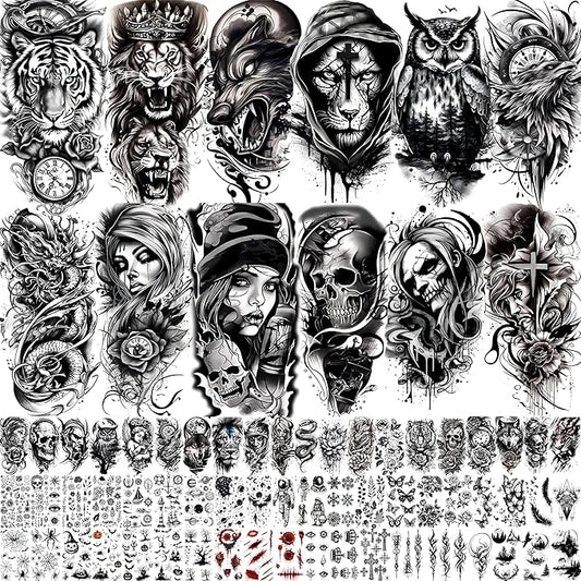 72 Sheets Halloween Temporary Tattoos for Men Women Adults - Black 3D Realistic Scary Animals Skulls Scars, Fake Tattoos Set for Cosplay Arm Sleeve Neck, Waterproof Long-Lasting Body Tattoo Sticker