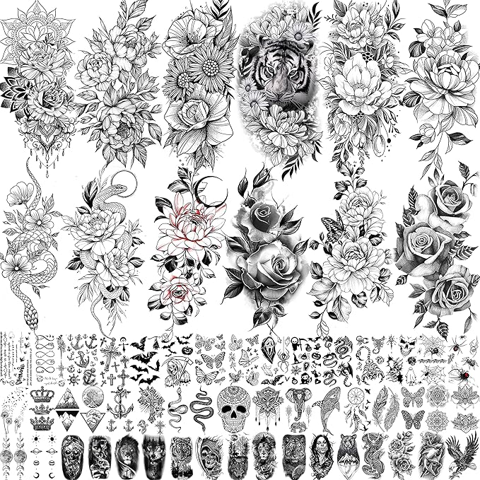 61 Sheets FANRUI Moon Peony Flowers Temporary Tattoos For Women Girls Arm Sleeve Thigh, Waterproof Realistic Rose Floral Tattoo Sticker Adults, Bulk Temp Long Lasting Fake Tattoos That Look Real Snake