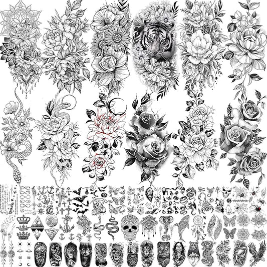 61 Sheets FANRUI Moon Peony Flowers Temporary Tattoos For Women Girls Arm Sleeve Thigh, Waterproof Realistic Rose Floral Tattoo Sticker Adults, Bulk Temp Long Lasting Fake Tattoos That Look Real Snake