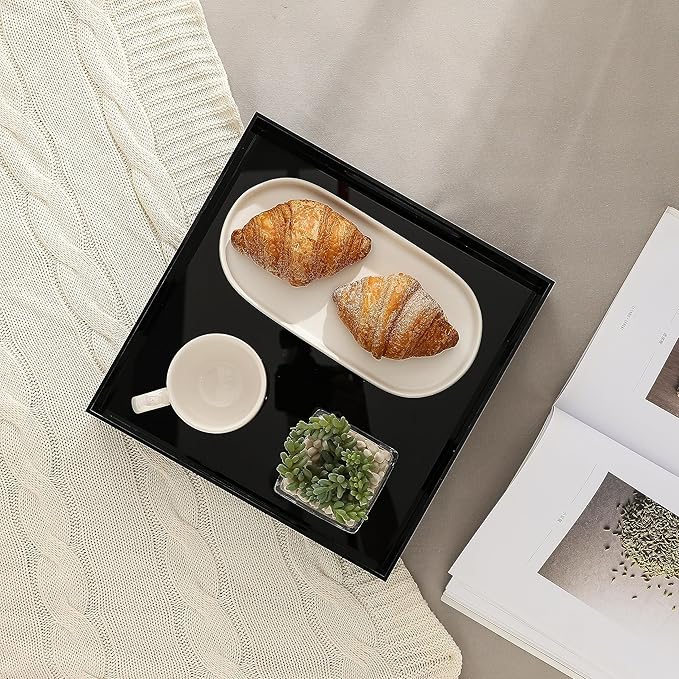 Glossy Black Sturdy Acrylic Serving Tray with Handles-12x12 Inch-Serving Coffee,Appetizer,Breakfast,Butler-Kitchen Countertop Tray-Makeup Drawer Organizer-Vanity Table,Ottoman Tray-Decorative