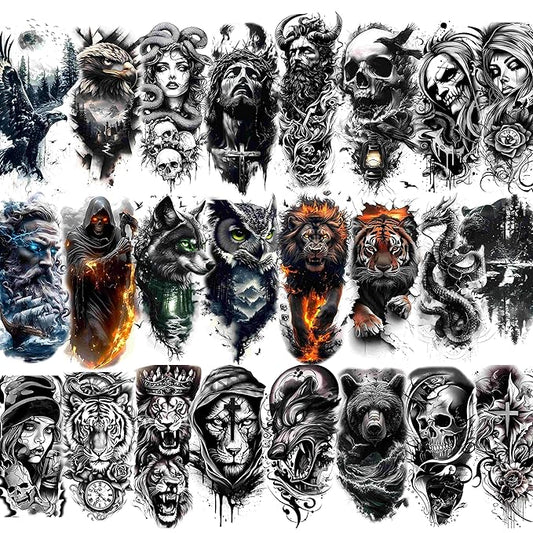 GLARYYEARS 24-Pack Half Sleeve Temporary Tattoos for Adults - Realistic 3D Halloween Cosplay, Lion, Eagle, Skull, Jesus & Greek God Gothic Designs | Waterproof Forearm Body Stickers for Men & Women