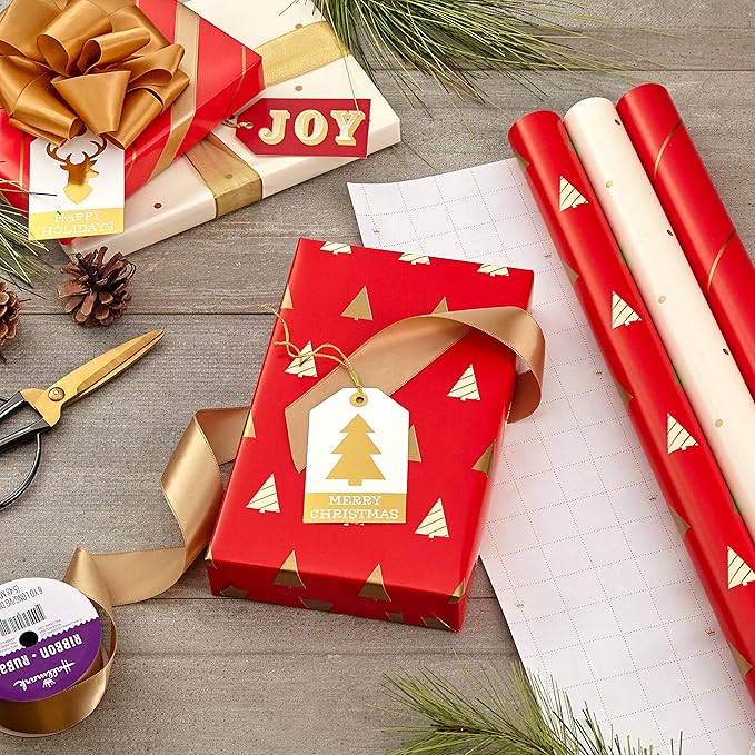 Hallmark Minimalist Christmas Wrapping Paper with Cut Lines on Reverse (3 Rolls: 120 sq. ft. ttl) Red, White, Gold Trees, Stripes, Dots