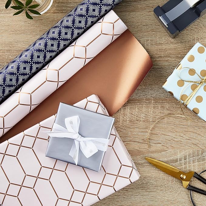 Hallmark Wrapping Paper Rolls for Graduation, Wedding, Birthday, Baby Shower, Bridal Shower - Foil Metallic Pastel Gift Wrap Paper (Set of 3 Reversible Rolls: 120 sq. ft. ttl.)