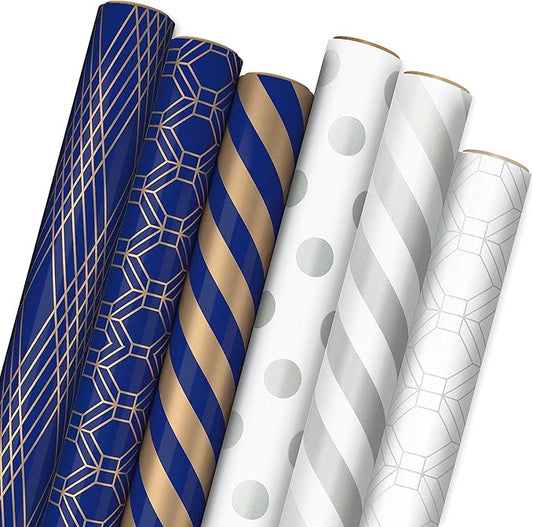 Hallmark Metallic Wrapping Paper Bundle with Cutlines on Reverse (6 Rolls: 210 Square Feet Total) Navy, Gold, Silver and White for Birthdays, Weddings, Graduations, Hanukkah, Christmas