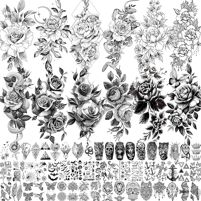 65 Sheets Black Realistic Flower Temporary Tattoos For Women Arm Thigh, 3D Fake Tattoos That Look Real And Last Long, Temp Rose Sketch Moon Snake Peony Floral Tattoo Stickers For Adults Girls