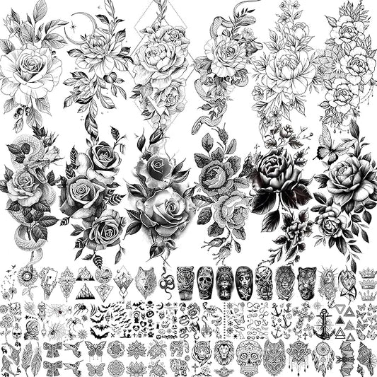 65 Sheets Black Realistic Flower Temporary Tattoos For Women Arm Thigh, 3D Fake Tattoos That Look Real And Last Long, Temp Rose Sketch Moon Snake Peony Floral Tattoo Stickers For Adults Girls