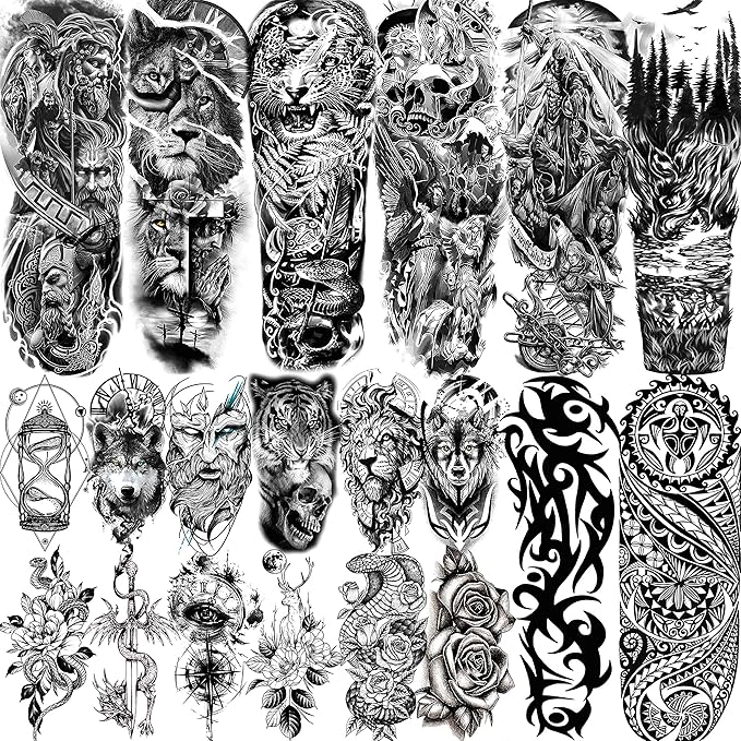 20 Sheets Extra Large Full Arm Temporary Tattoos For Men Adults, Tiger Snake Leopard Lion King Temporary Tattoos Sleeve For Women, Temp Waterproof Fake Tattoo Stickers For Kids Warrior Tatoos