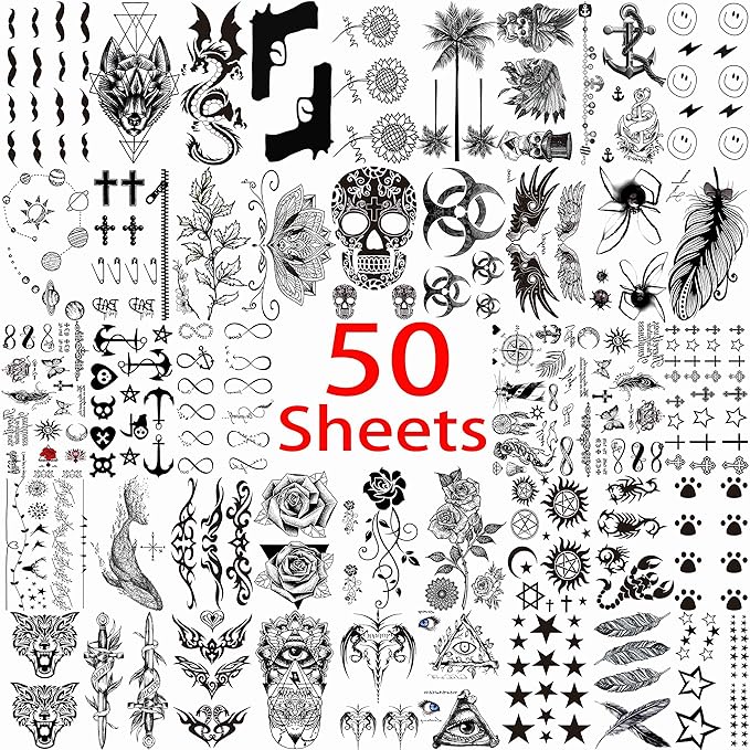 50 Sheets Black Temporary Tattoos For Men Adults Ealge Dragon Lion Wolf Animals For Women Neck Arm Thigh, Fake Small Skull Tattoo Sticker For Kids Children Boys Girls Tatoos