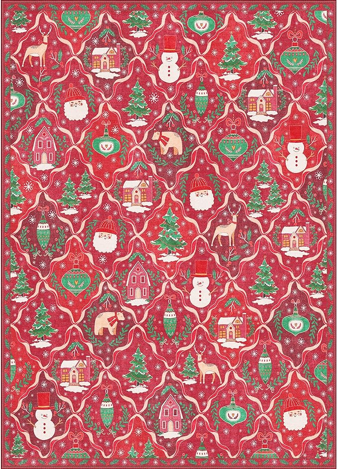Christmas Area Rug 5x7 for Living Room, Washable Rug for Bedroom, Christmas Home Decor, Holiday Print Carpet, Low Pile Non Slip Mat with Rubber Backing, Red Christmas Tale Pattern