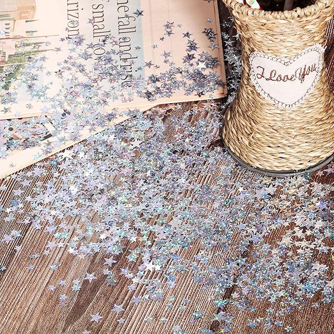 Hestya 60g Star Confetti Glitter Table Confetti Metallic Foil Stars for Christmas Party Wedding Festival Decorations(Glitter Silver,10mm and 6mm)
