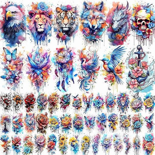 52 Realistic Temporary Tattoos for Women Adults - Long Lasting Waterproof Fake Flower Tattoo Stickers, 3D Roses Birds Wolf Floral Arm Neck Body Art for Gifts(Kids Safe)