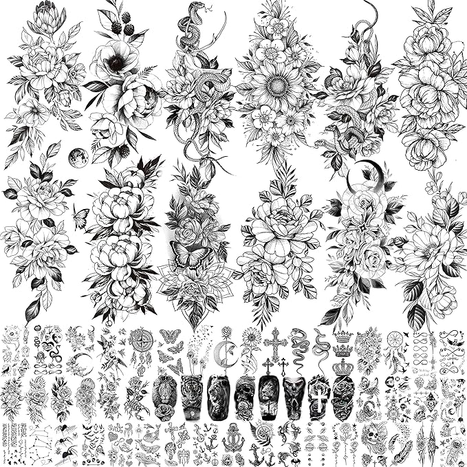 61 Sheets 3D Snake Flower Temporary Tattoos For Women Girls Neck Arm, 12 Sheets Realistic Floral Fake Tattoo Stickers Thigh, Waterproof Temp Transfer Tatoo Adults Rose Sunflower Butterfly