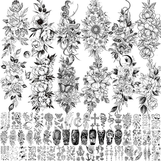 61 Sheets 3D Snake Flower Temporary Tattoos For Women Girls Neck Arm, 12 Sheets Realistic Floral Fake Tattoo Stickers Thigh, Waterproof Temp Transfer Tatoo Adults Rose Sunflower Butterfly