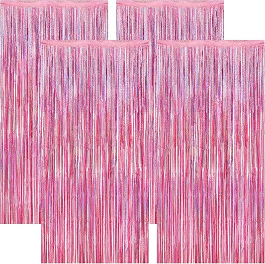 4 Pack Pink Backdrop, 3.28 FT x7.05 FT Foil Fringe Curtains, Metallic Glitter Pink Streamer Fringe Backdrop Foil Curtains, Laser Pink Birthday Party Decorations Bachelorette Decor