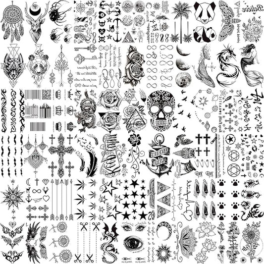 66 Sheets 3D Small Black Temporary Tattoos For Women Men Waterproof Fake Tattoo Stickers For Face Neck Arm Children Flower Birds Star Realistic Tatoo Kits For Boy Girls Adults