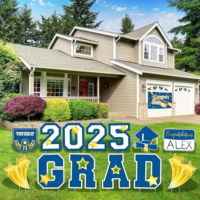 Graduation Yard Sign 2025 with Stakes, Large 2025 Graduation Lawn Signs Set (13 Pcs in Blue and White with Personalized Name DIY Board) Graduation Decorations for Grad Party Indoor or Outdoor