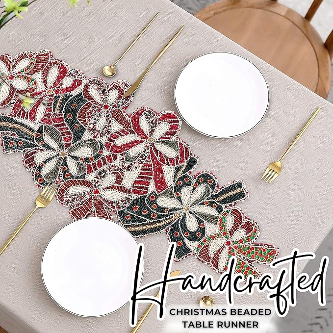 Christmas Beaded Table Runner 13x36 - Handcrafted Beaded Table Ruuners, Perfect for Weddings, Festive Celebrations, Dining Tables, Home Décor, and Everyday Use (Red White) - CLEENTABLE