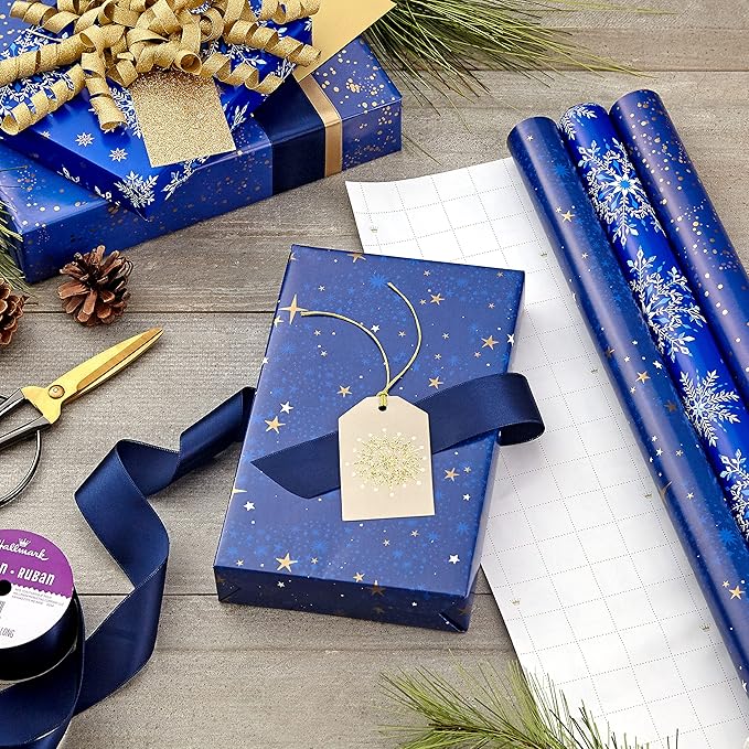 Hallmark Christmas Wrapping Paper Rolls - Navy Blue and Gold Stars, Snowflakes, Winter Galaxy Gift Wrap Paper (3 Rolls: 120 sq. ft. ttl.) for Holiday Parties, Hanukkah, Winter Weddings