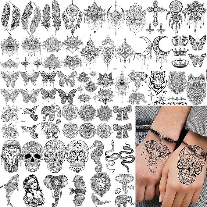 64 Sheets Tribal Vintage Black Lotus Temporary Tattoos for Women Girls, Bohemia Mandala Flower Fake Sleeve Tattoos for Adults Owl Moon