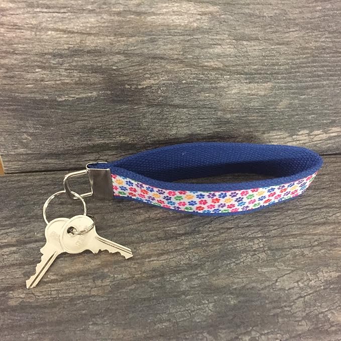Dog Paw Print Wristlet Keychain – Colorful Fabric Hand Strap with Metal Ring for Keys, ID Cards, and Small Accessories